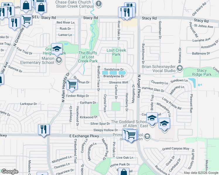 map of restaurants, bars, coffee shops, grocery stores, and more near 1523 Creek Springs Drive in Allen