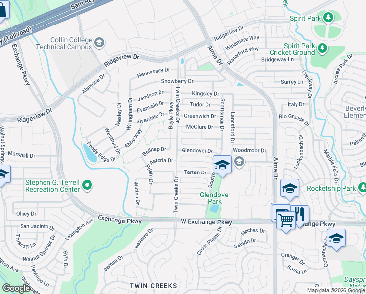 map of restaurants, bars, coffee shops, grocery stores, and more near 1431 McKenzie Court in Allen