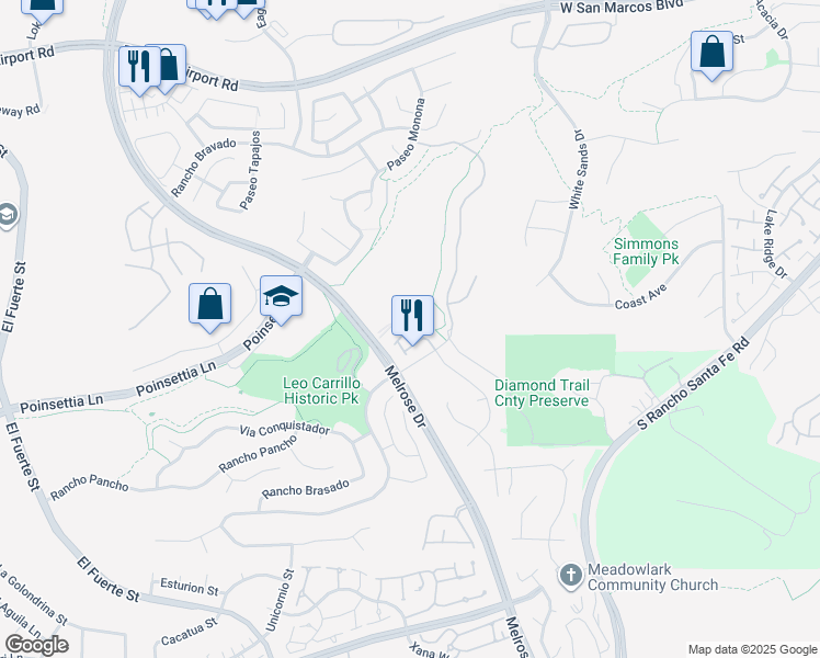 map of restaurants, bars, coffee shops, grocery stores, and more near 3136 Via Puerta in Carlsbad