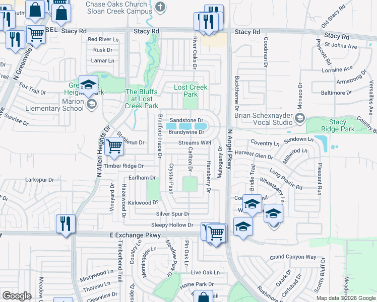 map of restaurants, bars, coffee shops, grocery stores, and more near 1535 Streams Way in Allen
