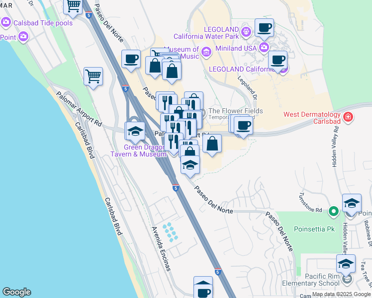 map of restaurants, bars, coffee shops, grocery stores, and more near 6030 Paseo Del Norte in Carlsbad