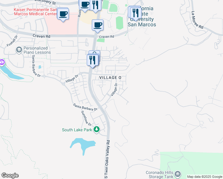 map of restaurants, bars, coffee shops, grocery stores, and more near 568 Almond Road in San Marcos