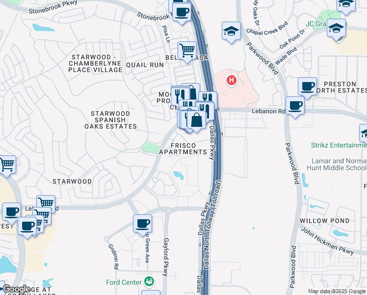 map of restaurants, bars, coffee shops, grocery stores, and more near 6959 Lebanon Road in Frisco