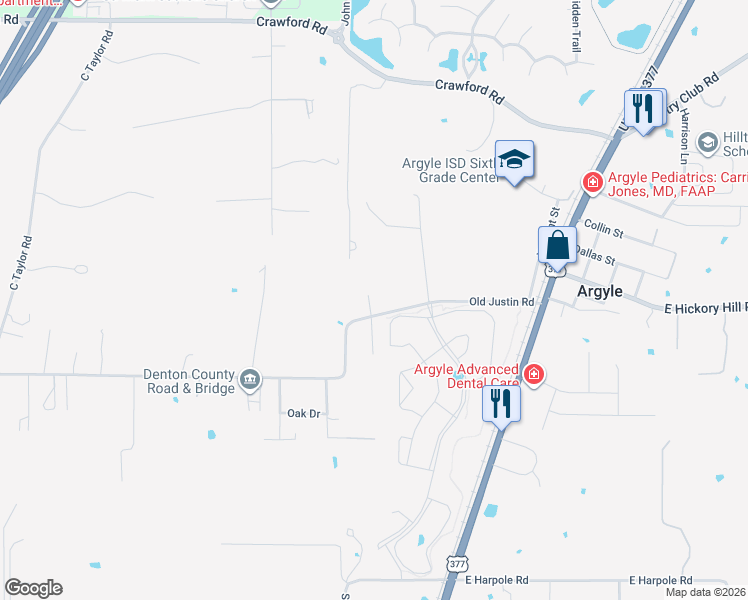 map of restaurants, bars, coffee shops, grocery stores, and more near 326 Old Justin Road in Argyle