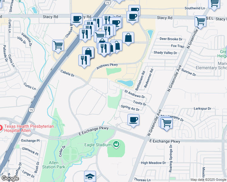 map of restaurants, bars, coffee shops, grocery stores, and more near 409 Saint Andrews Drive in Allen