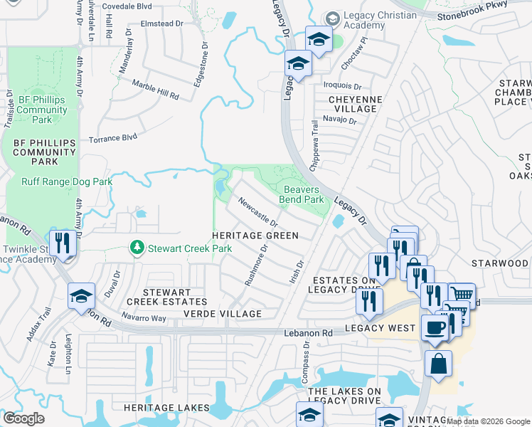 map of restaurants, bars, coffee shops, grocery stores, and more near 4547 Druid Hills Drive in Frisco