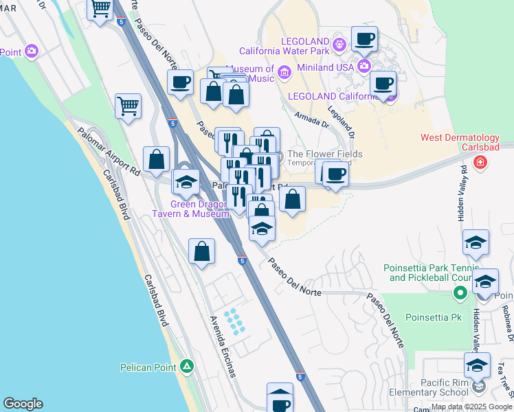 map of restaurants, bars, coffee shops, grocery stores, and more near 6030 Paseo Del Norte in Carlsbad