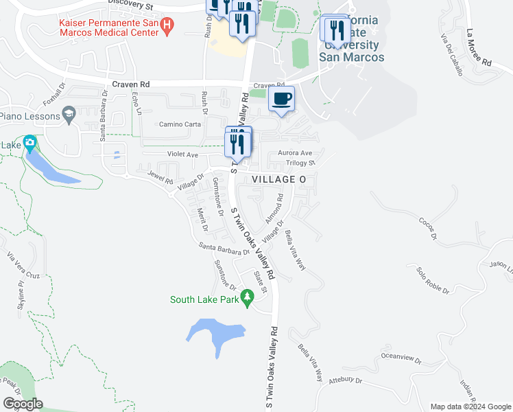 map of restaurants, bars, coffee shops, grocery stores, and more near 644 Hatfield Drive in San Marcos