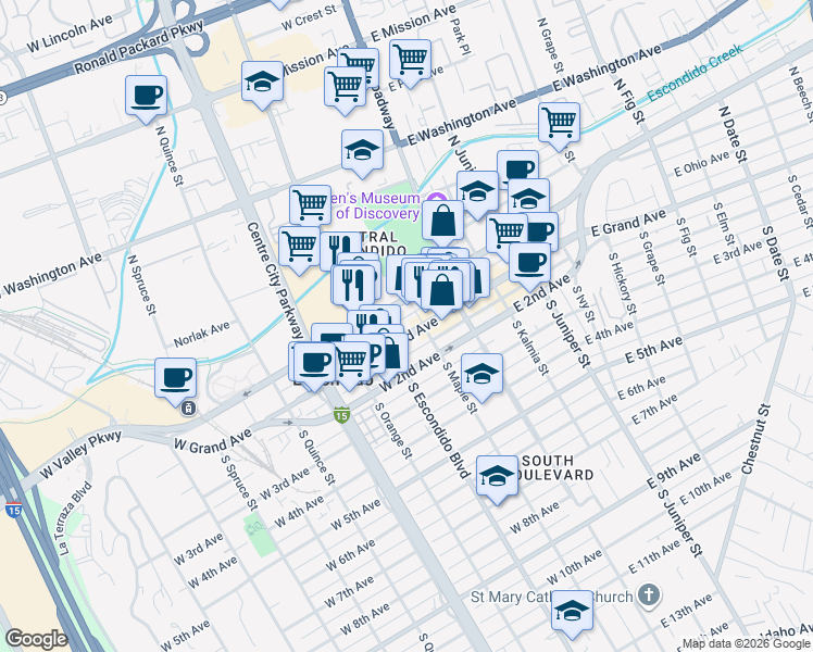 map of restaurants, bars, coffee shops, grocery stores, and more near 225 West Valley Parkway in Escondido