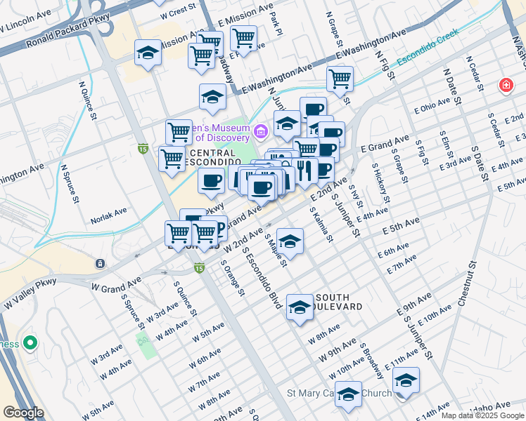 map of restaurants, bars, coffee shops, grocery stores, and more near 140 West Grand Avenue in Escondido