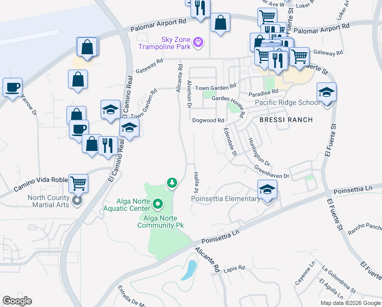 map of restaurants, bars, coffee shops, grocery stores, and more near 6591 Halite Place in Carlsbad