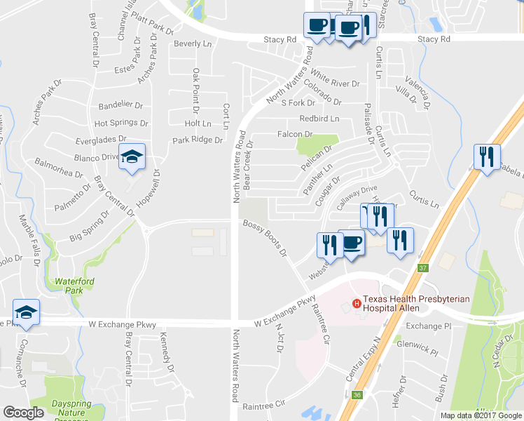 map of restaurants, bars, coffee shops, grocery stores, and more near 1292 Bossy Boots Dr in Allen