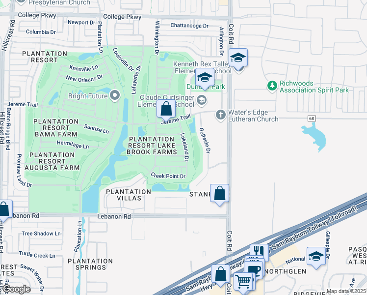 map of restaurants, bars, coffee shops, grocery stores, and more near 12104 Primrose Lane in Frisco