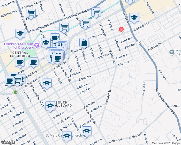 map of restaurants, bars, coffee shops, grocery stores, and more near 552 East 4th Avenue in Escondido