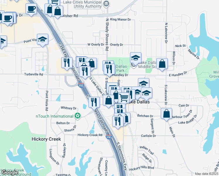 map of restaurants, bars, coffee shops, grocery stores, and more near 109 Gotcher Avenue in Lake Dallas