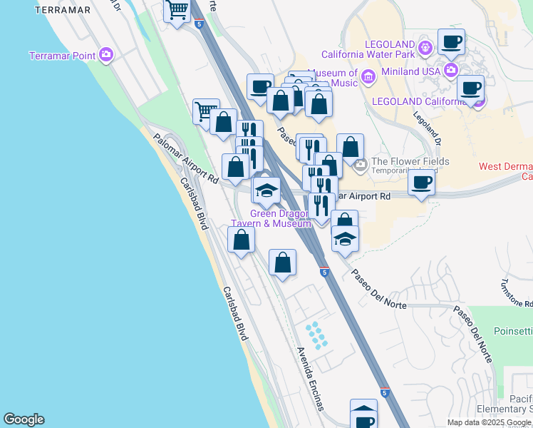 map of restaurants, bars, coffee shops, grocery stores, and more near 705 Palomar Airport Road in Carlsbad