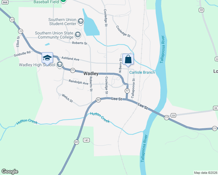 map of restaurants, bars, coffee shops, grocery stores, and more near 1471 County Road 135 in Wadley