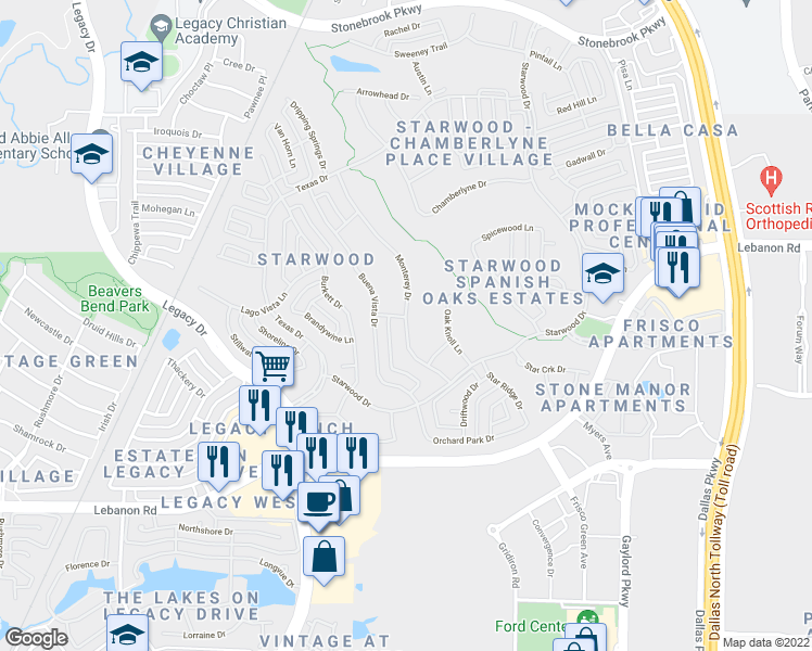 map of restaurants, bars, coffee shops, grocery stores, and more near Monterey Drive in Frisco