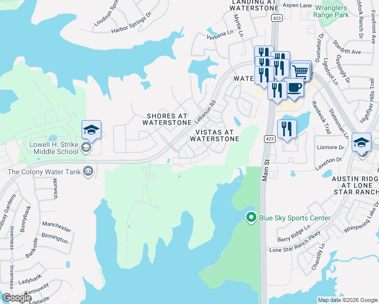 map of restaurants, bars, coffee shops, grocery stores, and more near 5189 Skyline Drive in Frisco