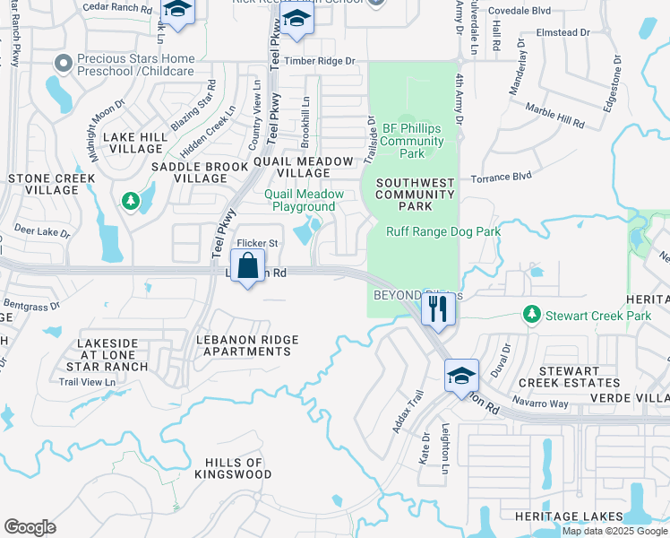 map of restaurants, bars, coffee shops, grocery stores, and more near 2391 Lebanon Road in Frisco