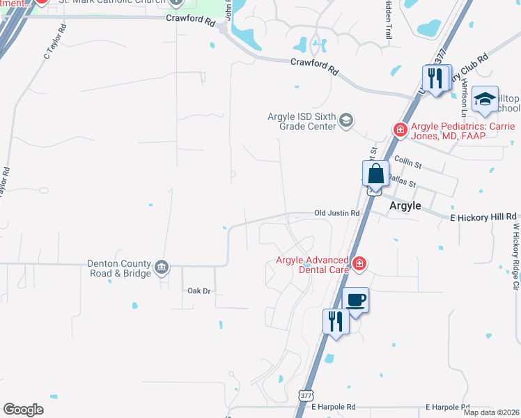 map of restaurants, bars, coffee shops, grocery stores, and more near 326 Old Justin Road in Argyle