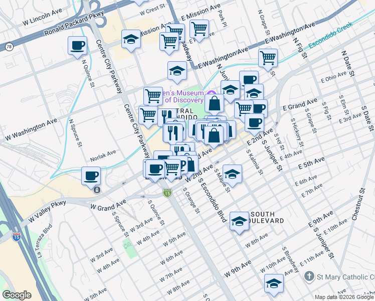 map of restaurants, bars, coffee shops, grocery stores, and more near 225 West Valley Parkway in Escondido