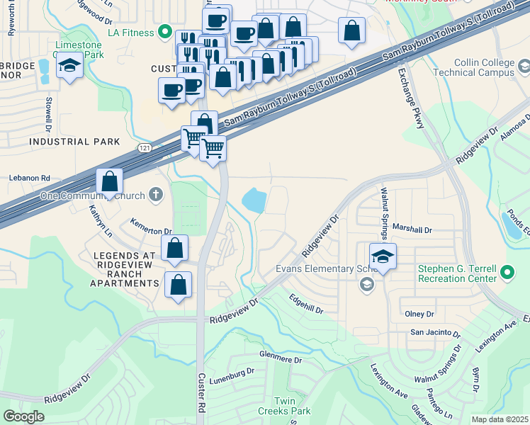 map of restaurants, bars, coffee shops, grocery stores, and more near 1402 Field Drive in Allen