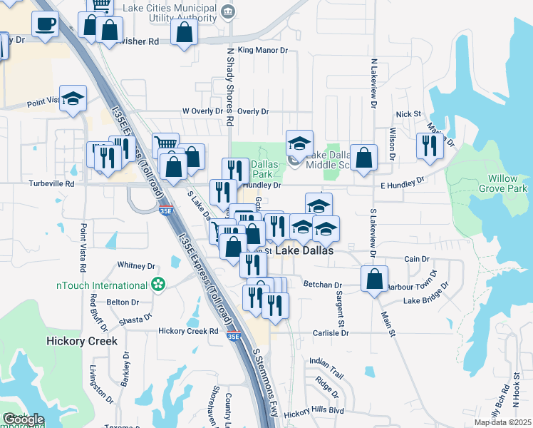 map of restaurants, bars, coffee shops, grocery stores, and more near 112 Gotcher Avenue in Lake Dallas