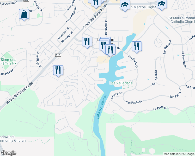 map of restaurants, bars, coffee shops, grocery stores, and more near 1253 Camino Del Lago in San Marcos