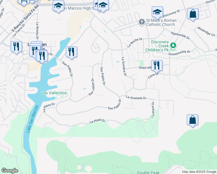 map of restaurants, bars, coffee shops, grocery stores, and more near 1147 San Pablo Drive in San Marcos