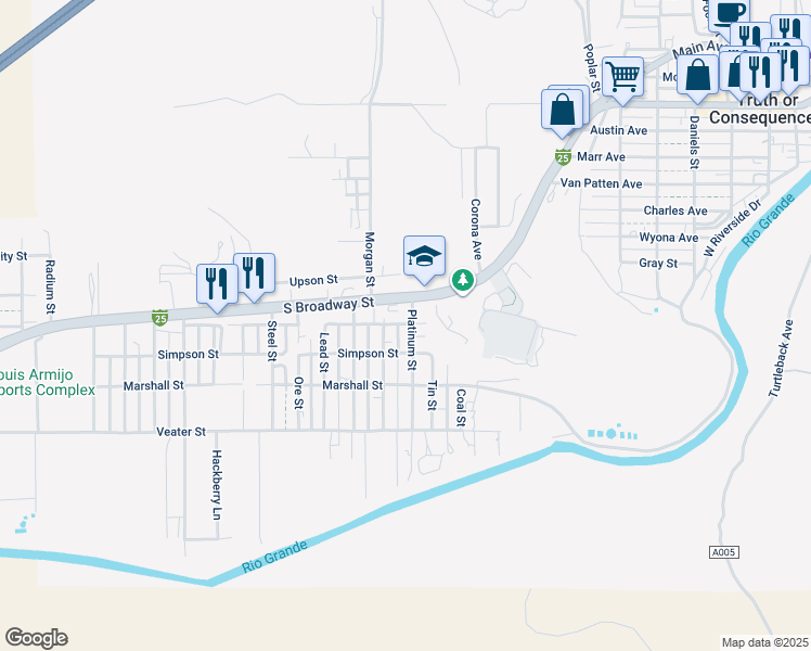 map of restaurants, bars, coffee shops, grocery stores, and more near 1100-1198 Platinum Street in Truth or Consequences