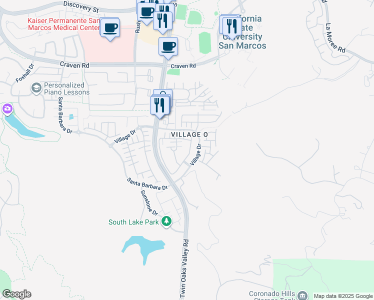 map of restaurants, bars, coffee shops, grocery stores, and more near 489 Almond Road in San Marcos