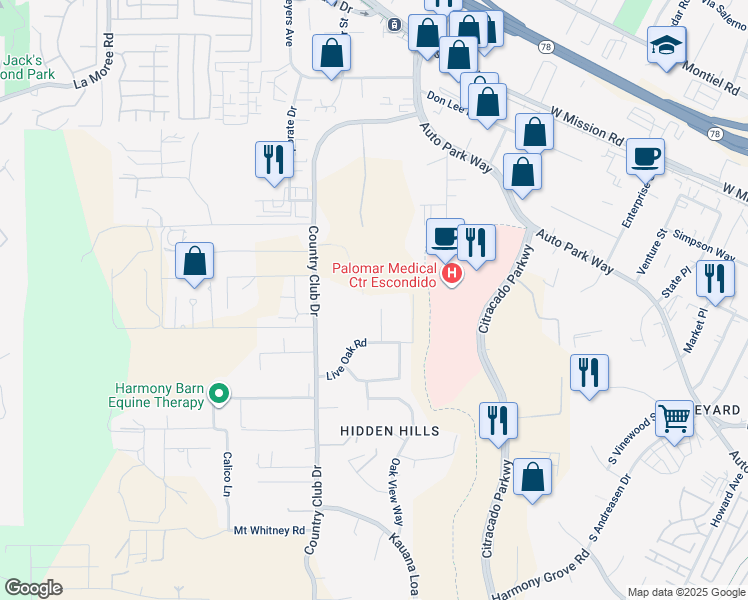 map of restaurants, bars, coffee shops, grocery stores, and more near 672 Chateau Place in Escondido