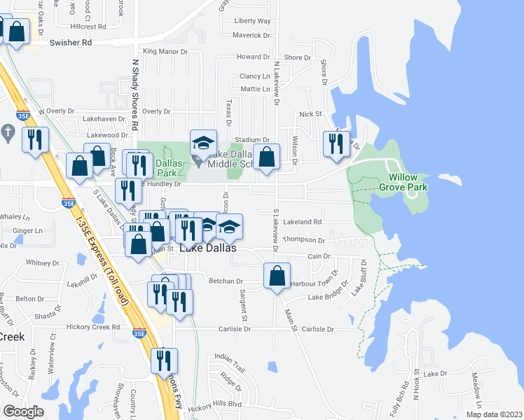map of restaurants, bars, coffee shops, grocery stores, and more near 517 Highpark Court in Lake Dallas