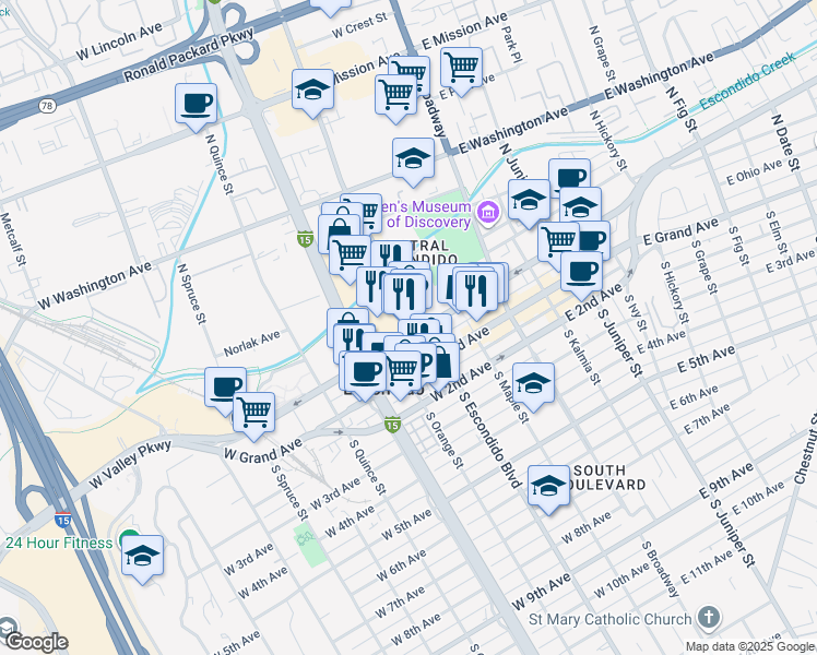 map of restaurants, bars, coffee shops, grocery stores, and more near 310 West Valley Parkway in Escondido