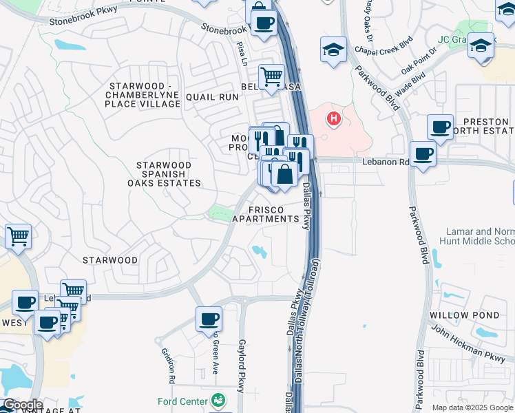 map of restaurants, bars, coffee shops, grocery stores, and more near 6805 Lebanon Road in Frisco