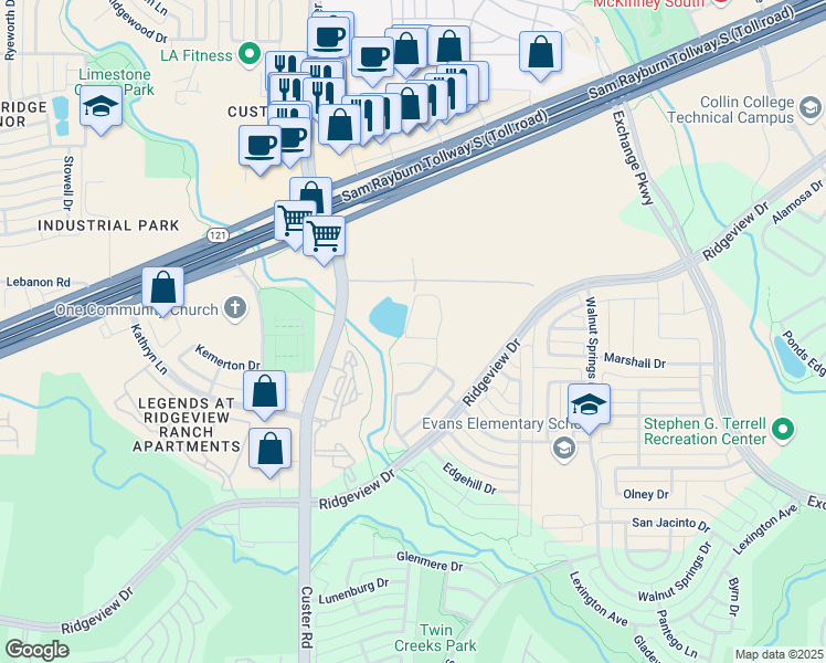 map of restaurants, bars, coffee shops, grocery stores, and more near 1402 Field Drive in Allen