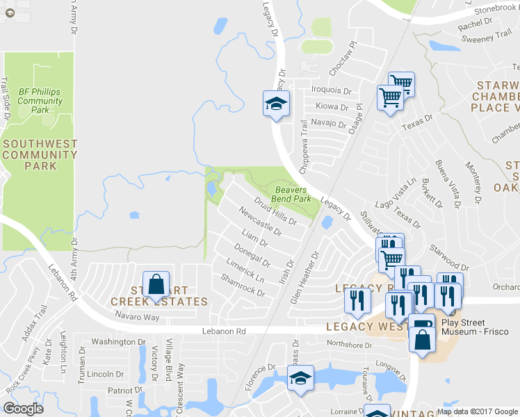 map of restaurants, bars, coffee shops, grocery stores, and more near 4547 Druid Hills Drive in Frisco