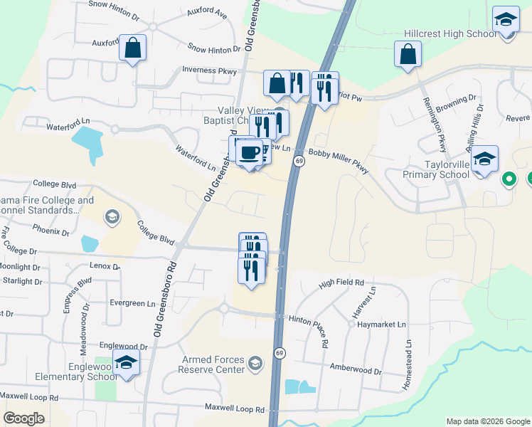 map of restaurants, bars, coffee shops, grocery stores, and more near 1074 Wisteria Drive in Tuscaloosa