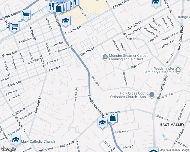 map of restaurants, bars, coffee shops, grocery stores, and more near 904 Birch Avenue in Escondido