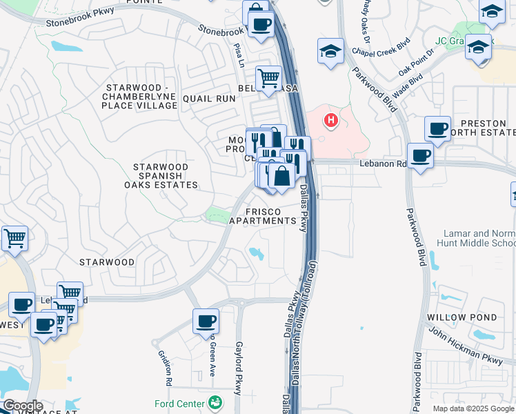 map of restaurants, bars, coffee shops, grocery stores, and more near 6805 Lebanon Road in Frisco