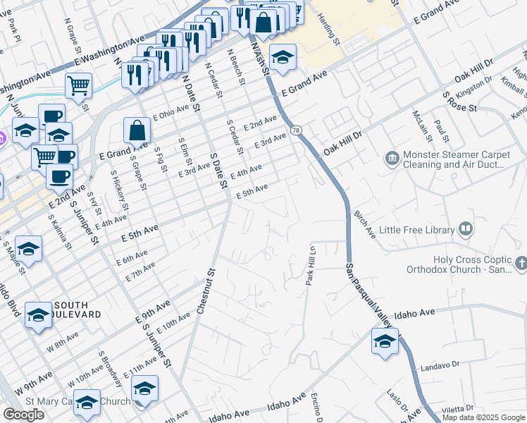 map of restaurants, bars, coffee shops, grocery stores, and more near in Escondido