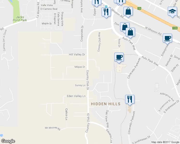 map of restaurants, bars, coffee shops, grocery stores, and more near 932 Country Club Drive in Escondido