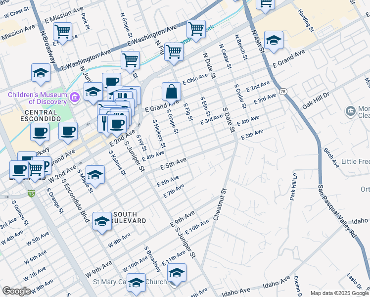 map of restaurants, bars, coffee shops, grocery stores, and more near 406-26 South Grape Street in Escondido