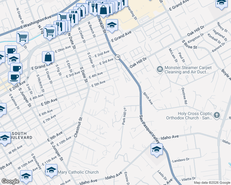 map of restaurants, bars, coffee shops, grocery stores, and more near 1080 Circle Drive in Escondido
