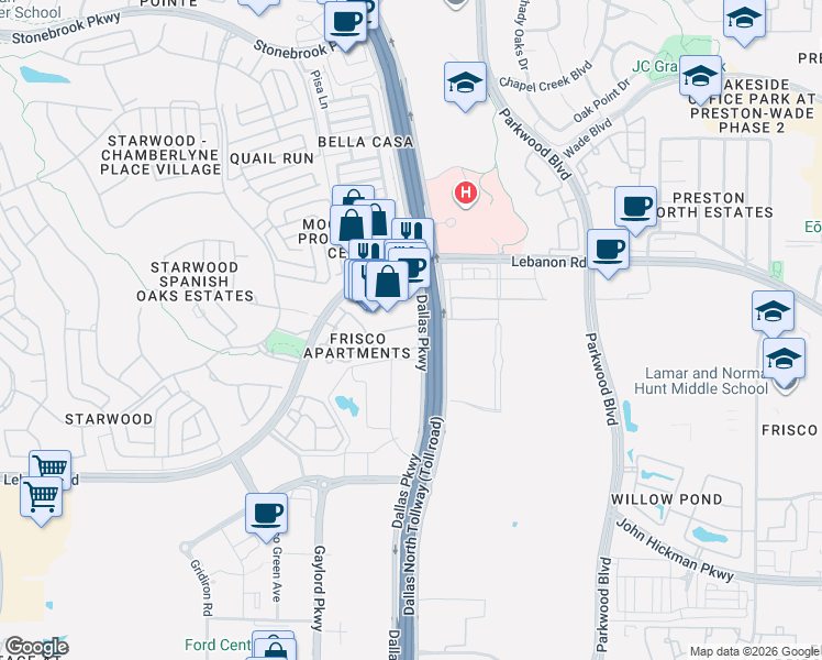 map of restaurants, bars, coffee shops, grocery stores, and more near 6805 Lebanon Road in Frisco