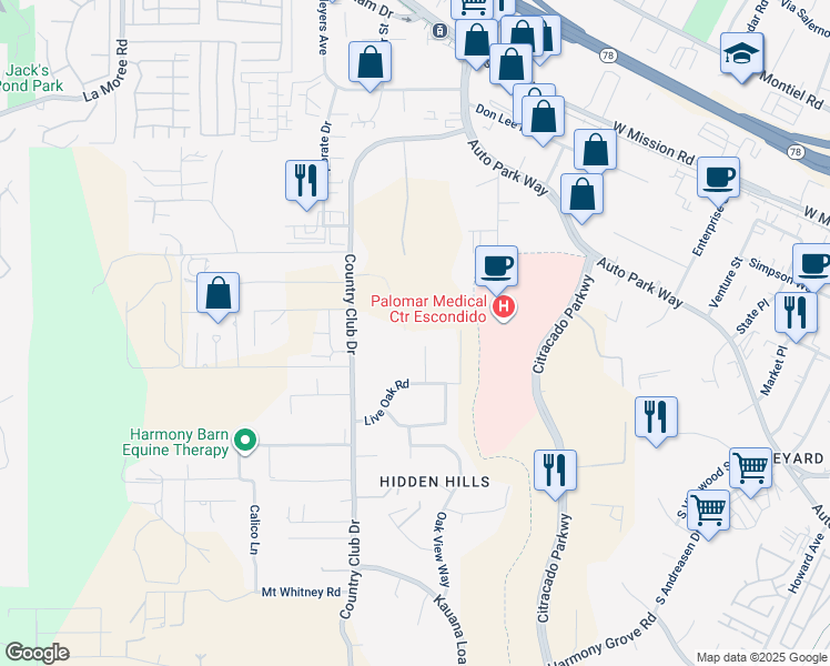 map of restaurants, bars, coffee shops, grocery stores, and more near 672 Chateau Place in Escondido