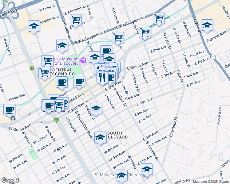 map of restaurants, bars, coffee shops, grocery stores, and more near 239 South Juniper Street in Escondido