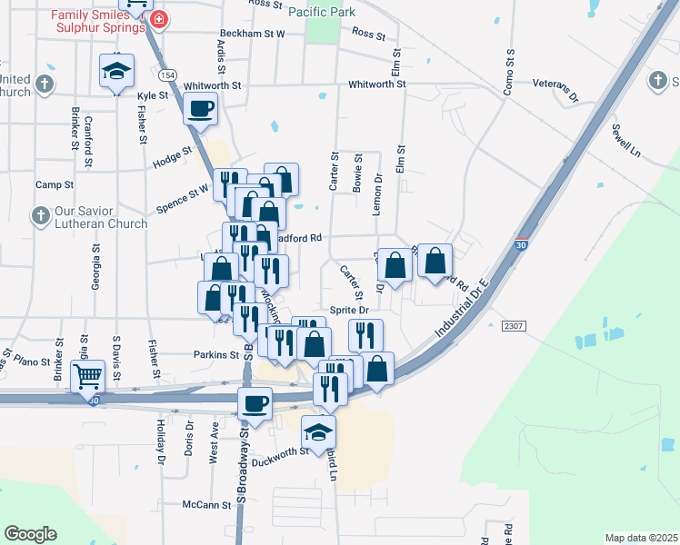 map of restaurants, bars, coffee shops, grocery stores, and more near 1309 Carter Street in Sulphur Springs
