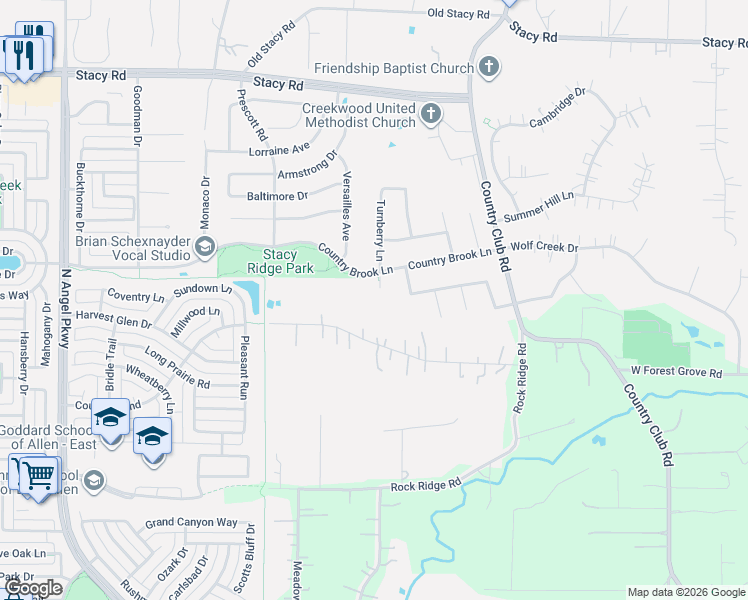 map of restaurants, bars, coffee shops, grocery stores, and more near 1600 Turnberry Court in Allen
